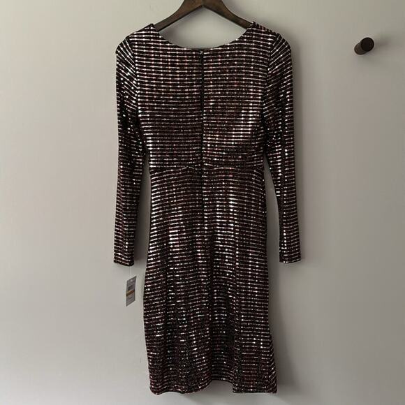 MORGAN & CO BLACK & BRONZE SEQUIN STRETCHY LONG SLEEVE COCKTAIL DRESS SIZE 3 - Picture 2 of 6